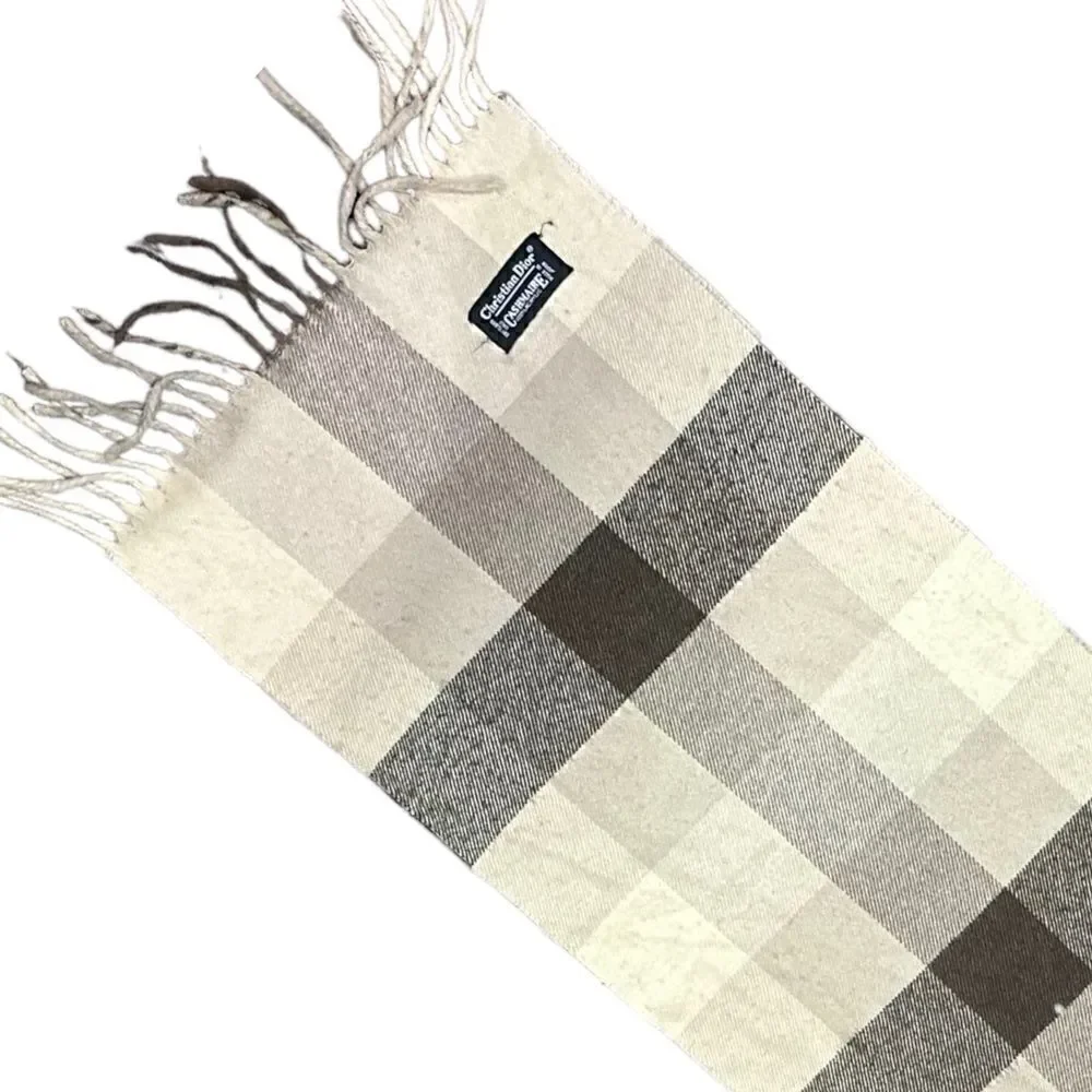Christian Dior Cashmaire Plaid Cream Brown Fringe Acrylic Scarf